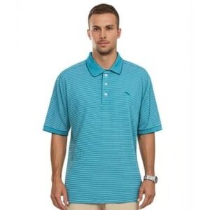 Tommy Bahama Golf Polo Shirt Aqua Aloha Striped Casual Resort‎ Island Size Large